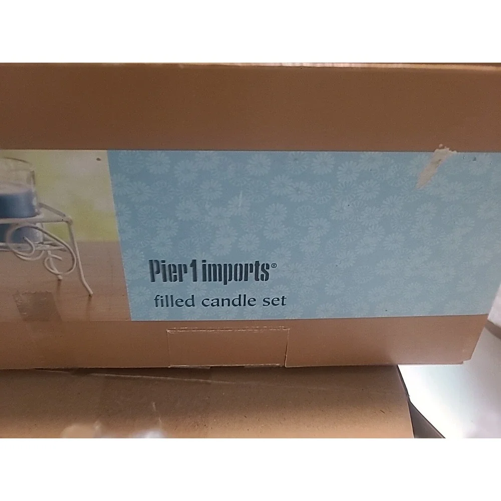 New Pier 1 Imports 5 Filled Candle Set  Marine Breeze Votive Metal Stand Blue